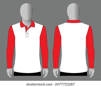 White-Red Long Sleeve Polo Shirt Design on Gray Background. Front and Back Views, Vector File.