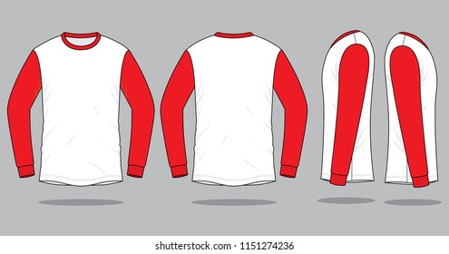 White-Red Long Sleeve T-shirt Design On Gray Background.
Front, Back and Side View, Vector File.