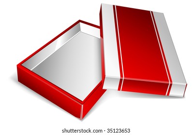 White-red open box surprise with gold tape, wrapper for gift, vector illustration