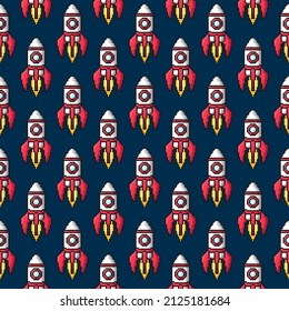 White-red pixel space rockets isolated on dark blue background. Cute seamless pattern. Vector simple flat graphic illustration. Texture.