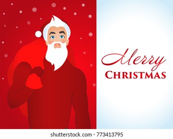 White-red poster Happy Christmas with a picture of a fashionable, modern and young Santa Claus.