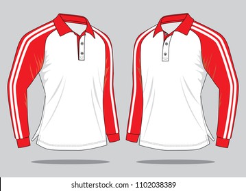 White-Red Raglan Long Sleeve Polo Shirt With Perspective View Design on Gray Background, Vector File