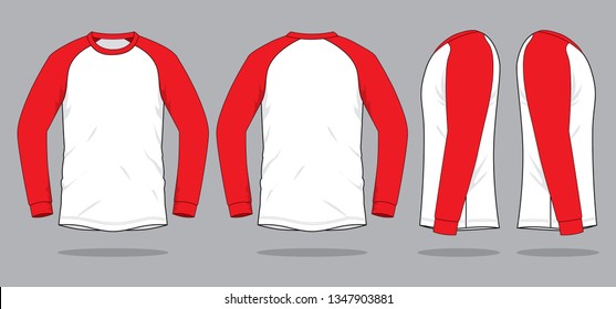 White-Red Raglan Long Sleeve T-shirt Design On Gray Background.Front, Back and Side View, Vector File.