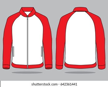 White-Red raglan Sleeves Baseball Jacket Design on Gray Background. Front and Back Views.