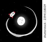 A white-red rocket with two portholes makes a flyby around the shining moon with craters on the background of black space with shining stars. A spaceship is circling the moon. Vector illustration.