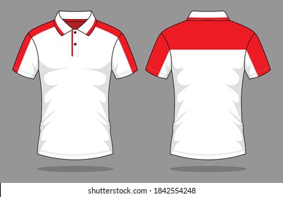 White-Red Short Sleeve Polo Shirt Design on Gray Background. Front and Back View, Vector File.