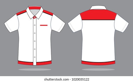White-Red Short Sleeve Technician Shirt with One Pocket Design on Gray Background. Front and Back Views, Vector File.