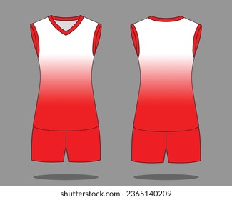 Jersey de voleibol sin mangas de color rojo blanco uniformado con diseño de estilo de impresión degradado sobre fondo gris.Vista frontal y trasera, archivo vectorial.