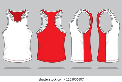White-Red Tank Top Design On Gray Background.Front, Back ANd Side View.