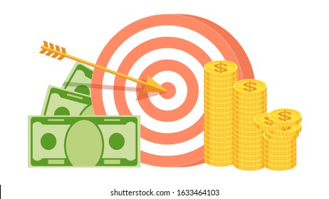 White-red target with an arrow in the center. Packs of money and stacks of coins lie nearby. Business metaphor. Achieving a financial goal. Economic success. Flat vector cartoon illustration.