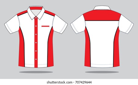 White-red technician short sleeve uniform shirt with black line piping design on gray background.Front and back view.