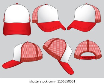 White-Red Trucker Baseball Cap  With Mesh at Side and Back Panel, Adjustable Snap Back Strap Closure Design on Gray Background.