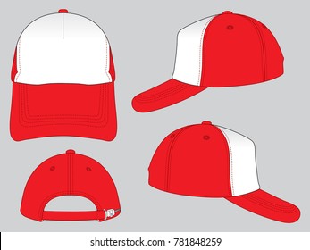 White-Red Trucker Cap With Adjustable Slider Plastic Buckle Zip Closure Strap Design on Gray Background.