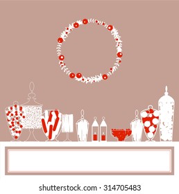  White-red winter sweet table with wreath. Vector illustration