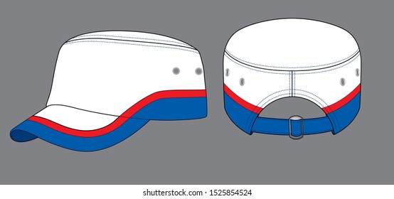 White-Red-Black Cadet Military Cap With Black Piping, Buckle Strap Closure  Design On Gray Background, Vectior File