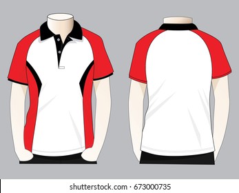 White-red-black raglan polo shirt with trim style design on gray background. 
Front and back views, vector file.