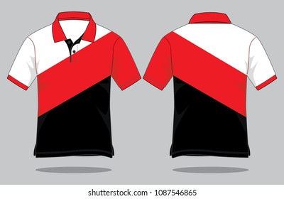 White-Red-Black Short Sleeve Polo Shirt Design on Gray Background.
Front and Back View, Vector File.