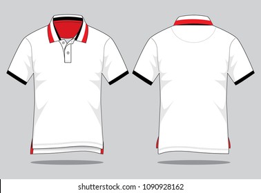 White-Red-Black Short Sleeve Polo Shirt with Short Front, Long Back Hem Design on Gray Background, Vector File.