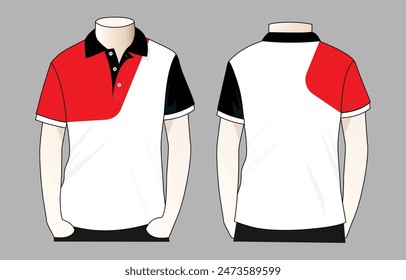 Diseño de polo de manga corta blanco-rojo-negro sobre fondo gris. Vistas frontal y posterior, archivo de Vector.