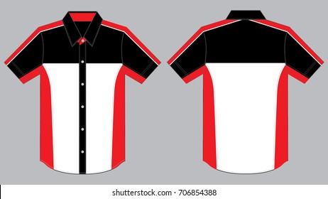 White-Red-Black Uniform Shirt with Racing Style Design on Gray Background. Front and Back Views, Vector File