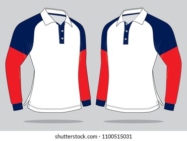 White-Red-Navy Blue Raglan Long Sleeve Polo Shirt With Perspective View Design on Gray Background, Vector File