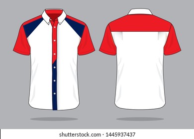 White-Red-Navy Uniform Shirt Design on Gray Background. Front and Back Views, Vector File.