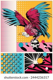 White-Rumped Vulture sits on a Skull, Abstract Shaped 1980s Color Style Vector Illustration 