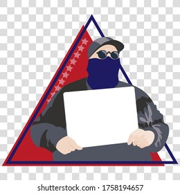 A white-skinned man, with a hidden face, holds a poster in his hand and holds a rally (meeting), there is a frame like a two triangle with stars around him.