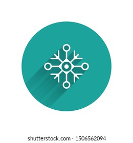 WhiteSnowflake icon isolated with long shadow. Green circle button. Vector Illustration