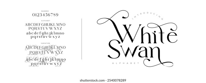 Whiteswan typography beauty fashion elegant minimalist serif italic fonts decorative wedding vintage retro logos. Minimal luxury font alphabet logo. Vector illustration
