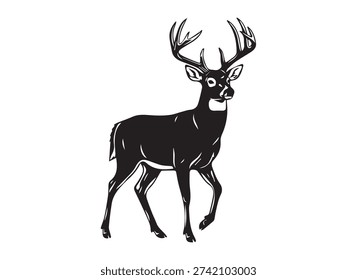 whitetail deer buck silhouette, black and white wild stag vector illustration