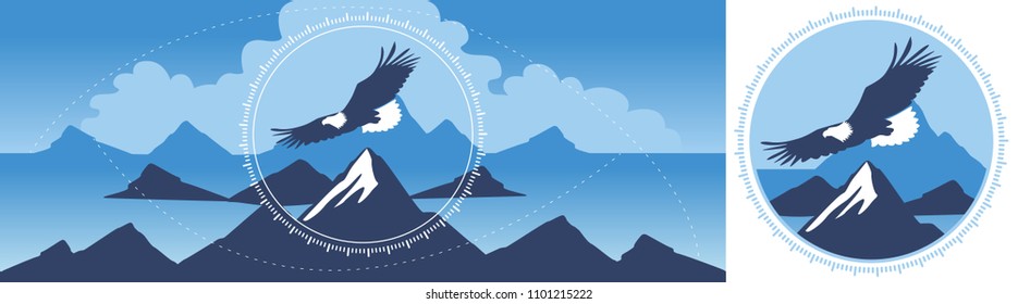 white-tailed eagle flying over snowy mountains. Blue cold vector print rectangular and round