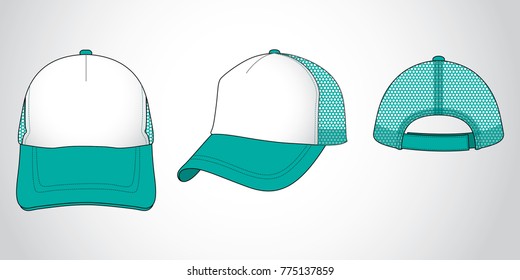 White-turquoise trucker cap with mesh at side and back panel, adjustable with hook and loop 
closure strap back design on gray background, vector file.