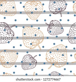 WhiteVector multicolor line strawberries spring summer repeat pattern background. Beige and purple line strawberries. Surface pattern. Grey and white stripes background.
