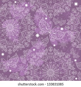 White-violet vintage lacy seamless pattern with mandala and butterflies (vector)