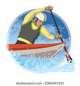 whitewater canoeing male canoeist with water rapids in a circular background