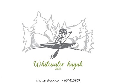 Whitewater kayak concept. Hand drawn whitewater kayaker braces in fast moving water on the river. Kayaking extreme isolated vector illustration.