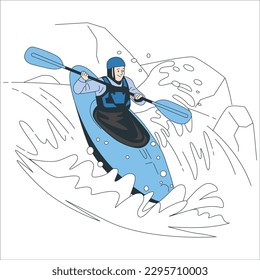 Whitewater kayaking, extreme kayaking. A guy in a kayak sails on a mountain river. and life jackets rafting in sports boat with oars. in river. Extreme water activity.