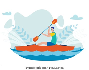 Whitewater Kayaking Sport Flat Vector Illustration. Man Sitting in Kayak Alone and Paddling. Canoeing Water Sport Competition, Extreme Hobby and Leisure Activity. Male Rower Cartoon Character