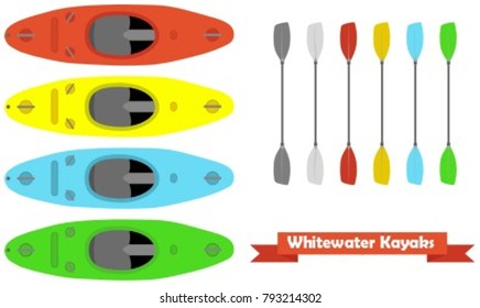 whitewater kayaks with paddle in differnt colours