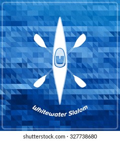 Whitewater paddle sports illustration. White silhouette on deep blue background. Boat symbol woth crossed paddles. Vector illustration eps 10