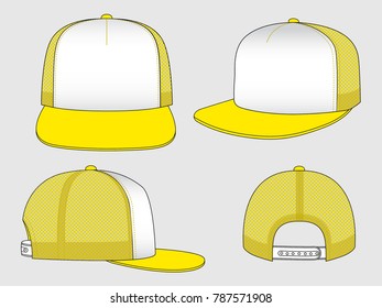 White-yellow hip hop cap with mesh at side and back panels, adjustable snap back closure strap design on gray background, vector file.