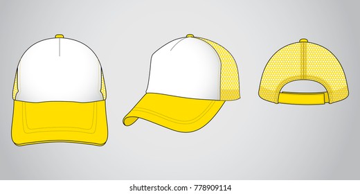 White-yellow trucker cap with mesh at side and back panel, adjustable with hook and loop closure strap back design on gray background, vector file.