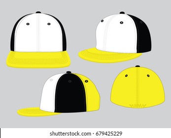 White-Yellow-Black Fitted Hip Hop Cap Design On Gray Background, Vector File