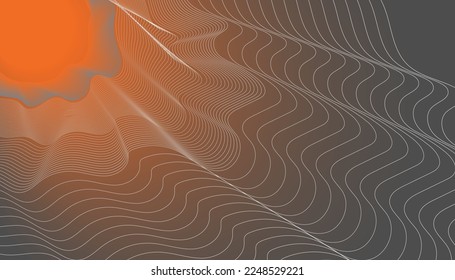 Whitisch, glatte, dynamische Streifen, die Radierungswellen auf orangefarbenem und grauem Farbverlauf-Hintergrund erzeugen, Vektorgrafik für Websites, Präsentationen, Banner, Backdrops, Verpackungen, Flyer