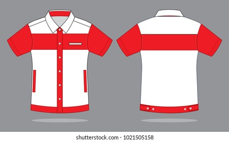 Whitw-Red Technician Short Sleeve Uniform Shirt Design on Gray Background. Front and Back Views