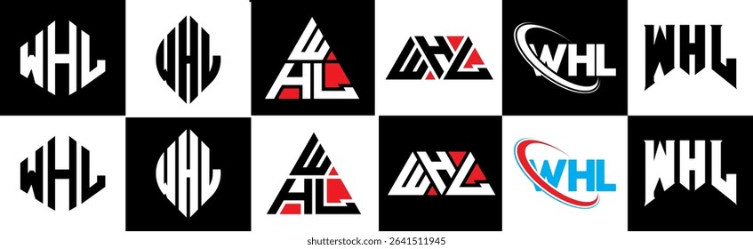 WHL letter logo design in six style. WHL polygon, circle, triangle, hexagon, flat and simple style with black and white color variation letter logo set in one artboard. WHL minimalist and classic logo