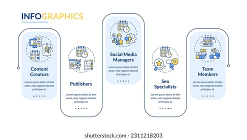 Quién puede usar la plantilla de infografía de rectángulo del calendario editorial. Visualización de datos con 5 pasos. Gráfico de información de línea de tiempo editable. Diseño de flujo de trabajo con iconos de línea. Lato-Bold, fuentes regulares usadas