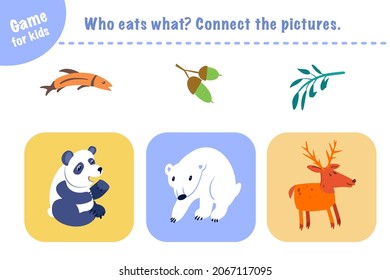 Who eats what? Connect pictures. Game for children. Animals and food. Activity, vector.