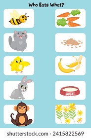 Who eats what? Kids educational game. For preschool children. Show with arrows. Activity sheet. 
A game for children for logic and attentiveness. Vector illustration